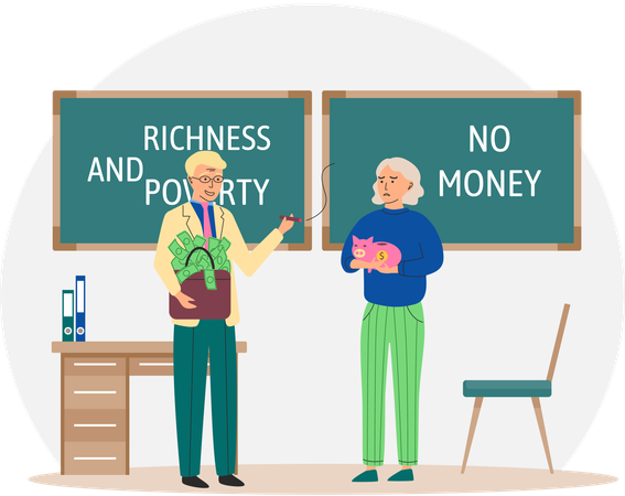 Happy rich businessman with bag of money and poor thriftiness woman  Illustration