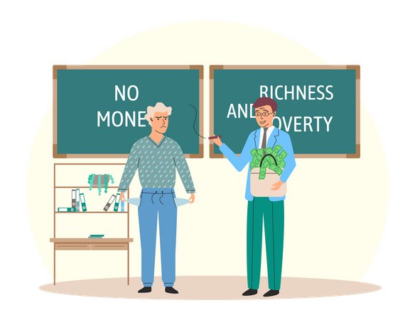 Happy rich businessman with bag of money with poor thriftiness woman  Illustration