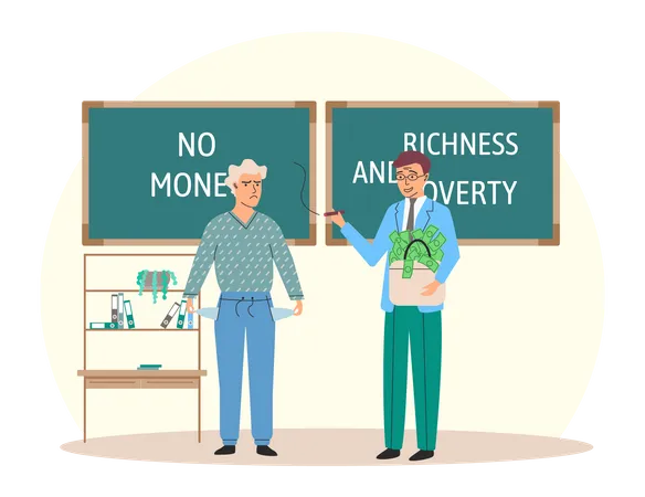 Happy rich businessman with bag of money with poor thriftiness woman  Illustration