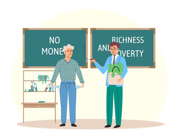 Happy rich businessman with bag of money with poor thriftiness woman Illustration
