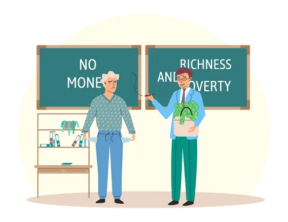 Happy rich businessman with bag of money with poor thriftiness woman Illustration