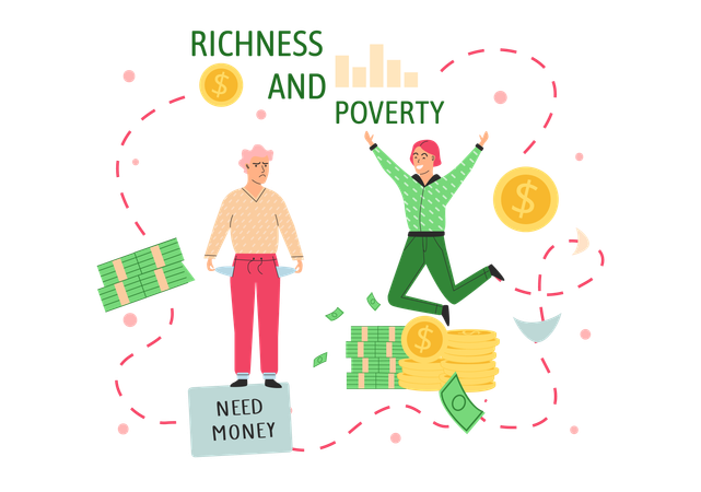 Happy rich man rejoices in prosperity and sad poor guy need money  Illustration
