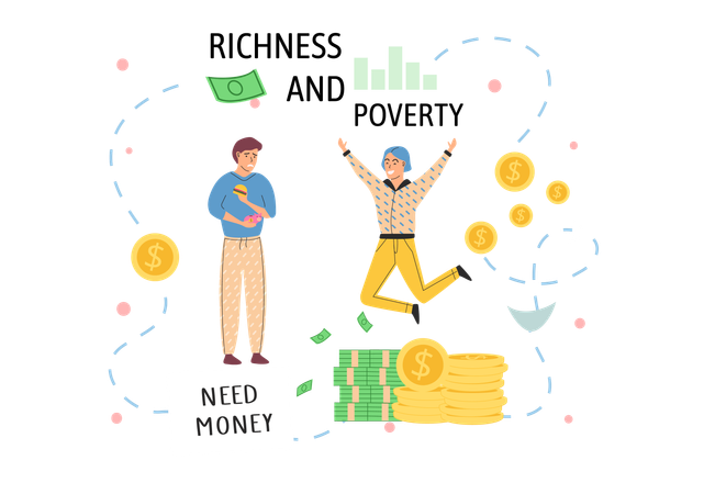 Happy rich man rejoices in prosperity and sad poor guy need money  Illustration