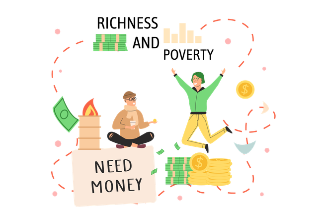 Happy rich man rejoices in prosperity and sad poor guy need money  Illustration