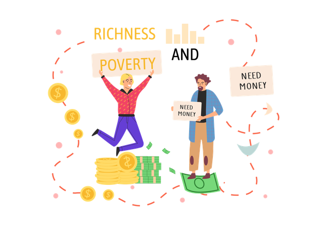 Happy rich man rejoices in prosperity and sad poor guy need money  Illustration