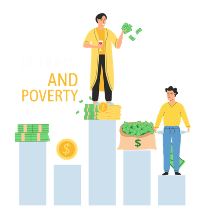 Happy rich man rejoices in prosperity and sad poor guy need money  Illustration