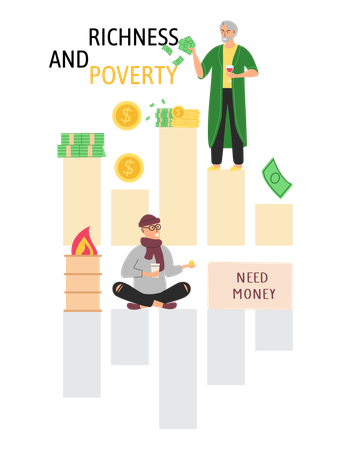 Happy rich man rejoices in prosperity and sad poor guy need money  Illustration