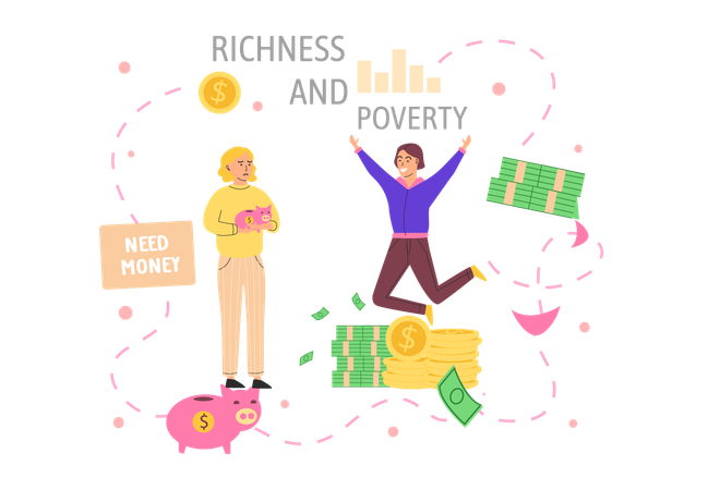 Happy rich man rejoices in prosperity and sad poor thriftiness woman  Illustration