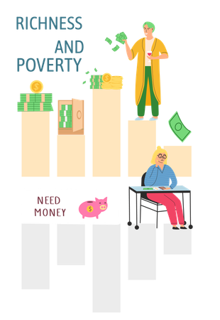 Happy rich man rejoices in prosperity and sad poor woman need money  Illustration