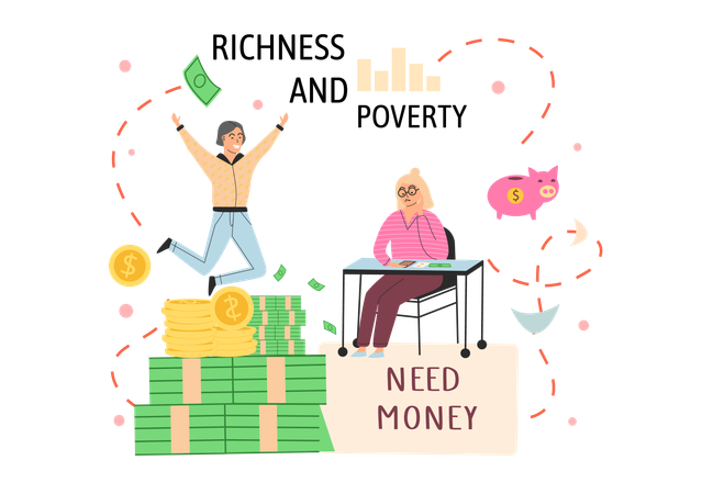 Happy rich man rejoices in prosperity and sad poor woman need money  Illustration