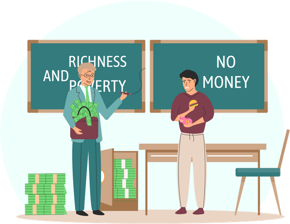 Happy rich successful businessman with bag of money and sad poor man  Illustration