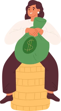 Happy rich woman hold money bag  Illustration