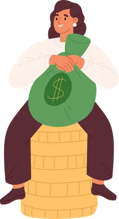 Happy rich woman hold money bag  Illustration