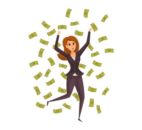 Happy rich woman throwing money  Illustration