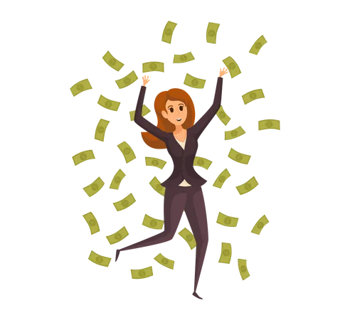 Happy rich woman throwing money  Illustration