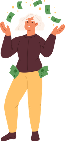 Happy rich woman throwing money, making cash rain. Millionaire female playing with savings Illustration