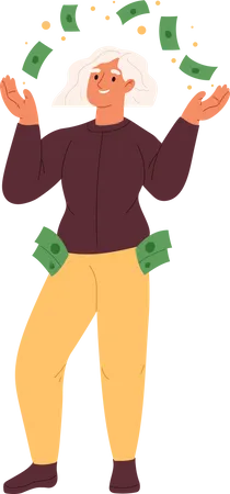 Happy rich woman throwing money, making cash rain. Millionaire female playing with savings Illustration