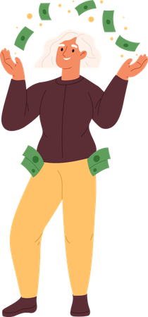 Happy rich woman throwing money, making cash rain. Millionaire female playing with savings  Illustration