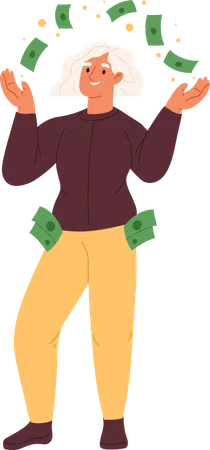 Happy rich woman throwing money, making cash rain. Millionaire female playing with savings  Illustration