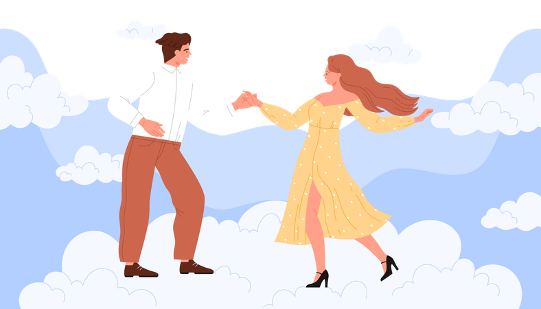 Happy romantic dance of dancers couple on flying cloud in sky  Illustration