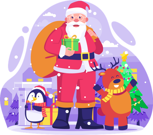 Happy Santa Claus holding gift sack  Illustration