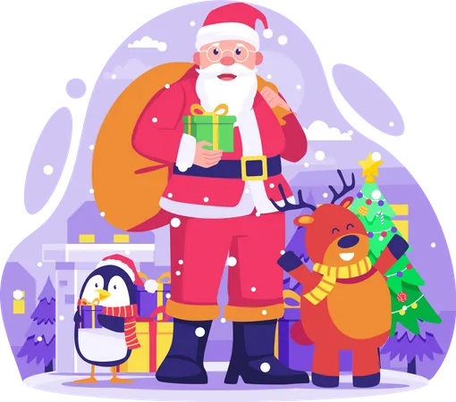 Happy Santa Claus Standing Holding A Gift Sack On The Back Ready To Deliver Presents Wish Together With Cute Reindeer And Penguin Characters Vector Illustration In Flat Style Illustration