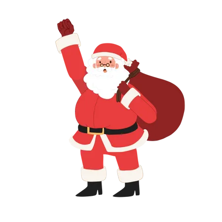 Happy Santa Claus is carry a sack of gift raising hand  Illustration