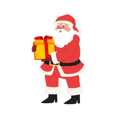 Happy Santa Claus Is Holding Gift Box Vector Illustration Illustration