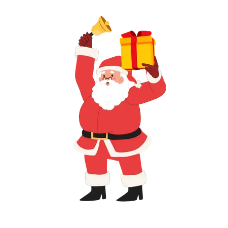 Happy Santa claus is holding gift box and ring the bell  Illustration