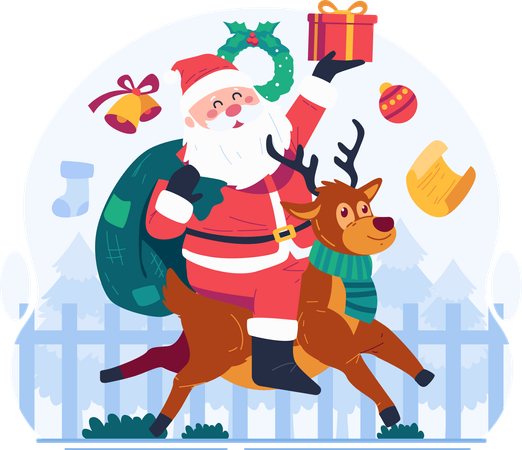 Happy Santa Claus Riding on a Reindeer  イラスト