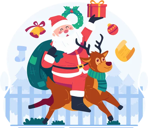 Merry Christmas Concept Illustration Featuring Happy Santa Claus Riding On A Reindeer Carrying A Sack Of Gifts Illustration