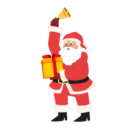Happy Santa Claus Is Holding Gift Box And Ring The Bell Merry Christmas Vector Illustration Illustration