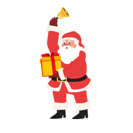 Happy Santa Claus with gift box and ringing the bell  Illustration