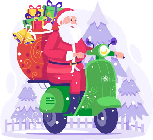 Happy Santa Claus with Gift boxes riding scooter to deliver gifts on Christmas Day Illustration