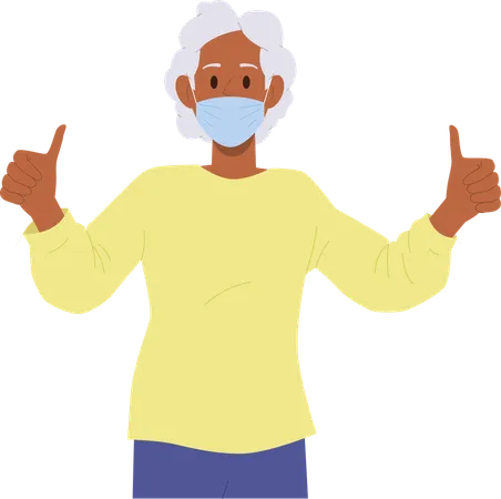 Happy Satisfied Elderly Woman Cartoon Character Wearing Medical Facial Mask Showing Ok Gesture Approving Positive Feedback And Rejoicing To Be Protected Against Viral Infection Vector Illustration Illustration