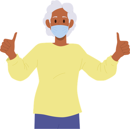 Happy satisfied elderly woman wearing medical facial mask showing ok gesture  イラスト