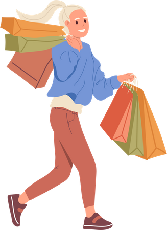 Happy satisfied woman buyer walking with shopping bag package Illustration