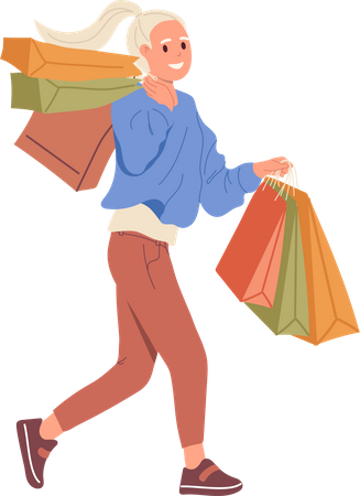 Happy satisfied woman buyer walking with shopping bag package  Illustration