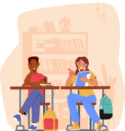 Happy School Boy and Girl Sitting at Desk in Classroom Studying  Illustration