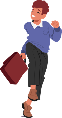 Happy School Boy In Blue Sweater Jumping With Briefcase In Hand  Illustration