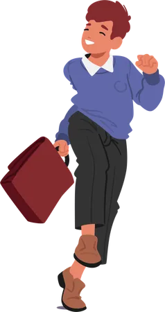 Happy School Boy In Blue Sweater Jumping With Briefcase In Hand  Illustration