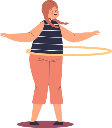 Happy school girl rolling hula hoop on waist  Illustration