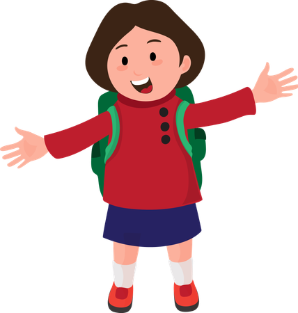 Happy School Girl with Backpack and Spread Her Arms  Illustration