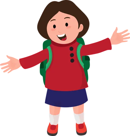 Happy School Girl with Backpack and Spread Her Arms  Illustration