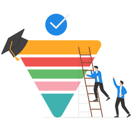 Happy schoolboy and his friend with ladder to reach the top of education in inverted triangle  Illustration