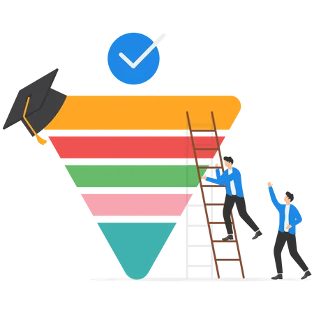 Happy Schoolboy And His Friend With Ladder To Reach The Top Of Education In Inverted Triangle Education Level Concept Illustration