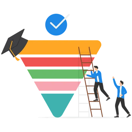 Happy schoolboy and his friend with ladder to reach the top of education in inverted triangle  Illustration