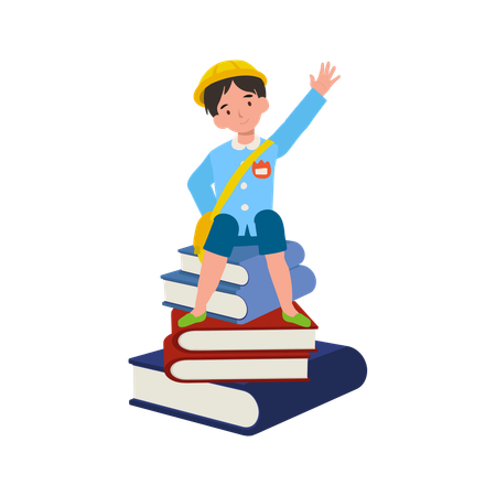 Happy schoolboy sitting on a stack of books with a joyful smile and greeting  Illustration