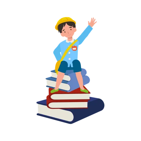 Happy schoolboy sitting on a stack of books with a joyful smile and greeting  Illustration