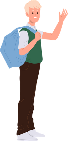 Happy schoolboy wearing uniform holding backpack waving hand  Illustration